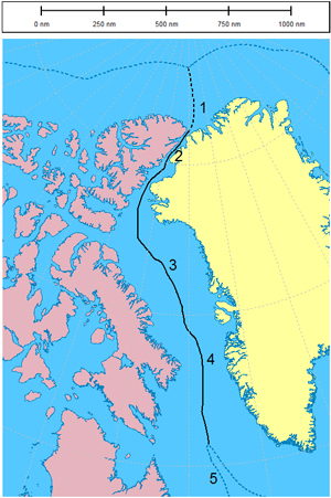 This map shows the solid black line, which is the boundary agreed between Canada and Denmark in the 1973 treaty. The broken black line is the new boundary agreed on. The broken blue lines indicate 200-nautical-mile zones in the Arctic Ocean. (HANDOUT IMAGE)
