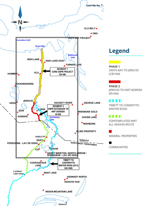 The yellow line on this map shows the proposed route for the all-season road that would run from Grays Bay to the abandoned Jericho mine site. The 230-kilometre road and deep sea port are estimated at just under $500 million, but the federal government has yet to cough up the 75-per-cent contribution that the Government of Nunavut and the Kitikmeot Inuit Association has applied for. (PHOTO COURTESY OF THE GRAYS BAY ROAD AND PORT PROJECT)