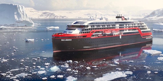 Here's an artist's rendition of the Hurtigruten's MS Roald Amundsen,  a new hybrid electric cruise ship—which the company calls “the world's greenest vessel.