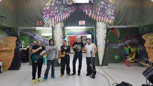 Billy-Jay Ammaq, Allan Kangok, Lazarus Qattalik, Chis Coleman and Panuelie Attagutaalukutuk pose in Igloolik during the recording of the album Iqippagit in Nov. 2016. The album was released in December. (PHOTO COURTESY OF ARTCIRQ)

