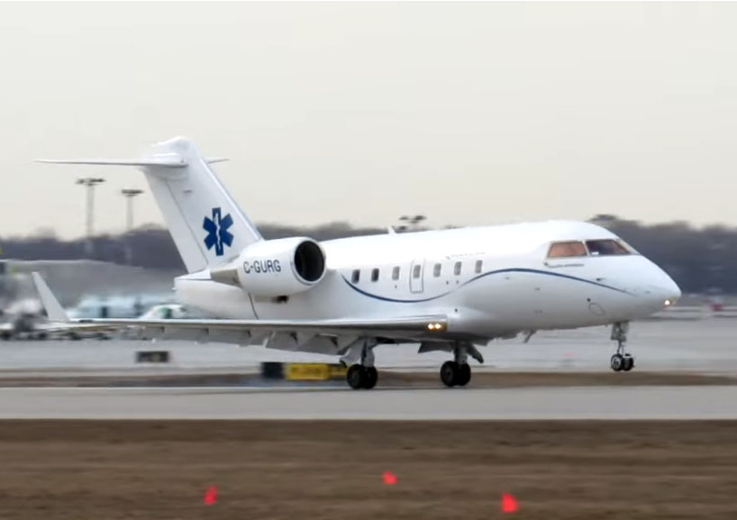 Quebec's Challenger jet air ambulance lands in Montreal. A group of doctors has written to the province to ask it to change its policy that prevents parents from accompanying their children aboard the aircraft. (FILE PHOTO) 