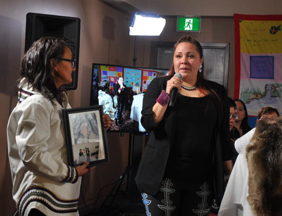 Nikki Komaksiutiksak speaks at the opening ceremony of the MMIWG hearings in Rankin Inlet. She testified before the commission Feb. 20 on the death of her cousin, Jessica Michaels, who died in Winnipeg in 2001 at age 17. (PHOTO BY SARAH ROGERS)