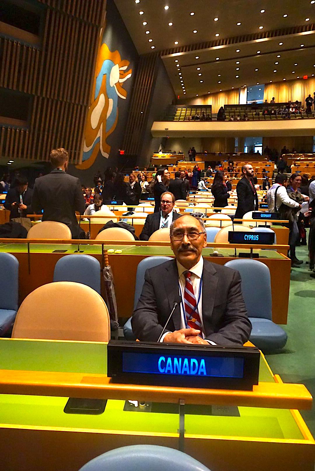 Nunavut Premier Paul Quassa sits April 16 on the floor of the general assembly of the UN where he is a member of the official Canadian delegation to the UN Permanent Forum on Indigenous Issues. As a member of the official delegation, he will be able to participate in the Canadian government's official positions during the two-week meeting. (PHOTO COURTESY OF PAUL QUASSA)