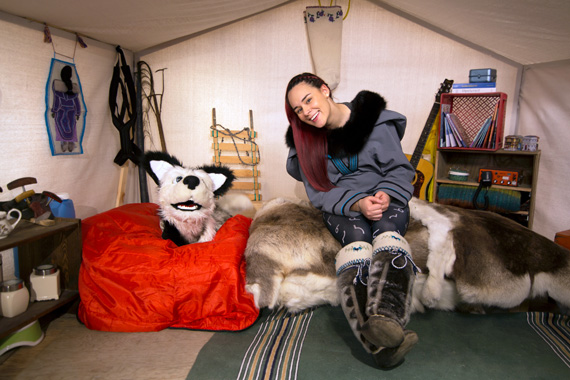 Rita Claire Mike-Murphy and Qimmiq host the new children's television show Anaana's Tent, which airs on APTN May 12. (PHOTO COURTESY OF TAQQUT)