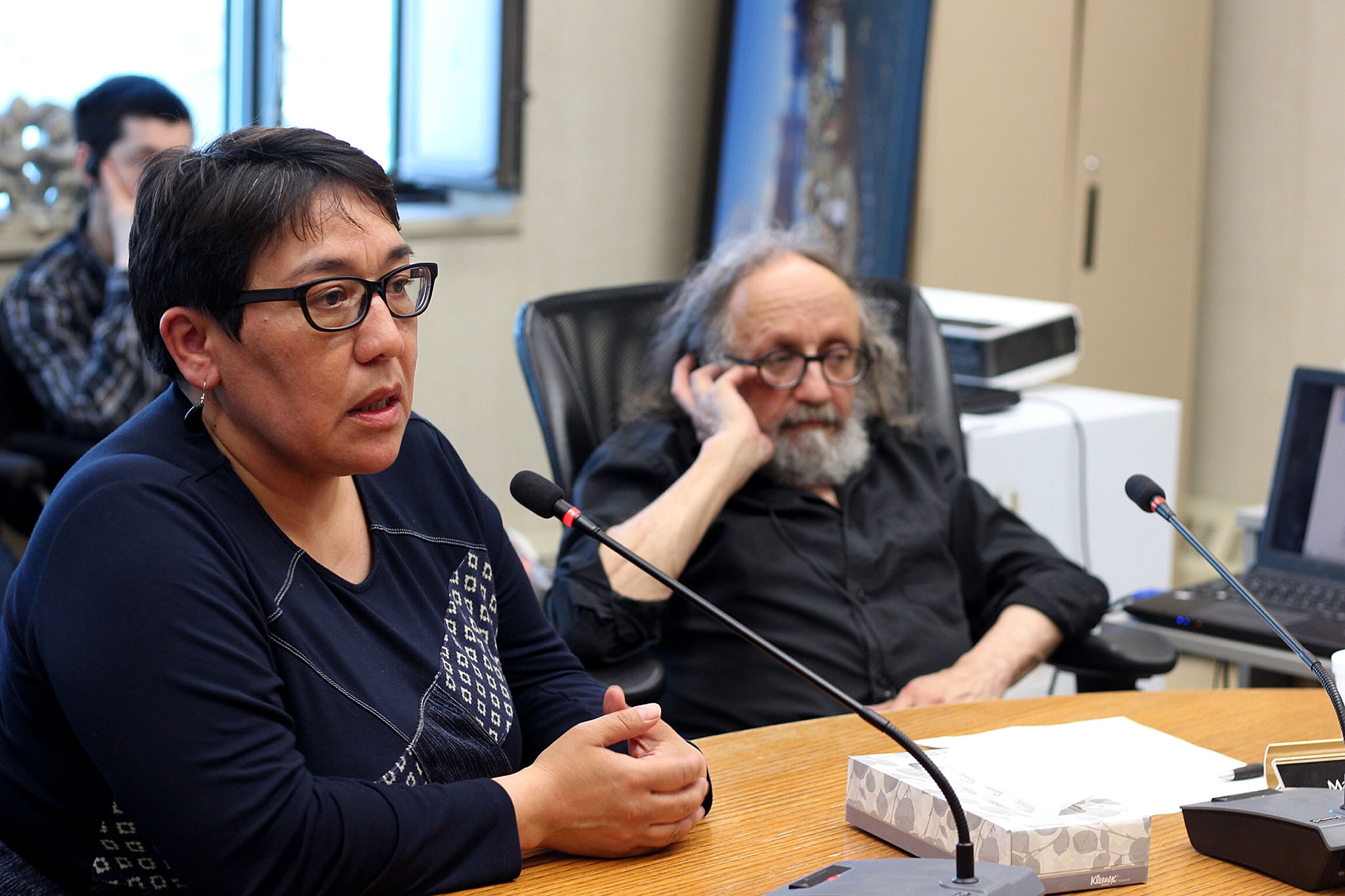 Pangnirtung MLA Margaret Nakashuk at a meeting held last night between hamlet representatives and civil servants from the Nunavut government, along with the Nunavut RCMP. “We need to speak out,” Nakashuk said. (PHOTO BY BETH BROWN)