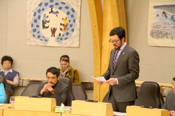As chair for the council of regular members, Arviat North-Whale Cove MLA John Main reads a motion, June 14 in Nunavut's legislative assembly, to remove Paul Quassa from his role as premier and from the executive council, or cabinet. That motion passed. (PHOTO BY BETH BROWN)