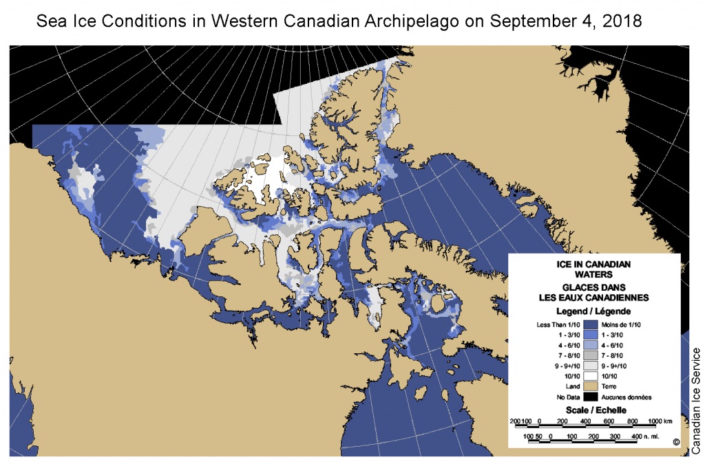 This map from the Canadian Ice Service shows sea ice conditions in the western part of High Arctic islands on Sept. 4. The dark blue shows a low concentration (less than 10 per cent) of ice, while white shows a high concentration (100 per cent). At this time of the year, the Arctic ice cover is the highest it has been since 2014, the National Snow and Ice Data Center said Sept. 5. That's although the minimum ice extent is expected to be one of the 10 lowest in the satellite record, the NSIDC said. (IMAGE COURTESY OF THE CIS)