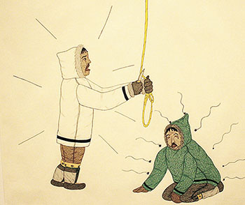 A detail from “Hanging” by Annie Pootoogook, included in her solo exhibition at the National Museum of the American Indian, depicts what seems like a narrowly averted suicide. Several New Yorkers were moved by the drawing, and took time to discuss the artist’s intentions. (PHOTO BY JUSTIN NOBEL)