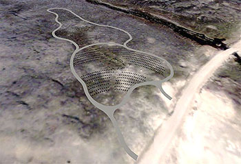 This aerial photo shows the location of Iqaluit's new cemetery, near where the Road to Nowhere crosses the Apex River. Overlaid on the photo is a graphic outline of the proposed cemetery, based on consultant Catherine Berris's design option four, which has received most community support. (PHOTO PROVIDED BY CITY OF IQALUIT)