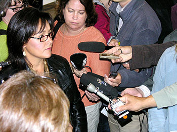 Leona Aglukkaq, the federal health minister, MP for Nunavut, and ex-minister of health and social services for the GN, told reporters Aug. 18 that it’s the territorial government that’s primarily responsible for responding to Nunavut’s social problems. Premier Eva Aariak says a new social advocacy office will improve her government’s performance on such issues. (PHOTO BY JIM BELL)