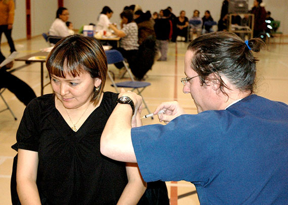 Mary Pilurtuut, the mayor of Kangiqsujuaq, received her swine flu vaccination this week during Nunavik's H1N1 vaccine campaign, which started Nov. 3. (PHOTO BY SARAH ROGERS)