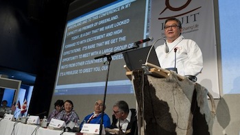 Greenland's premier Kuupik Kleist tells about 300 delegates and observers at Nuuk’s Katuaq conference centre on June 28 that he wants ICC “to look at the experiences other Arctic regions have with oil exploration in order to come up with proposals for securing our interests.” (PHOTO BY LEIFF JOSEFSEN, SERMITSIAQ)