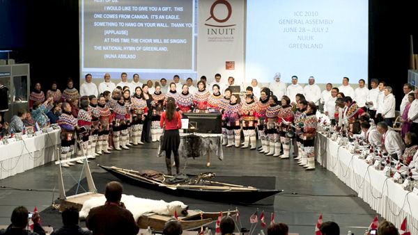 Greenlandic choir singers help open the Inuit Circumpolar Council general assembly on June 28 in Nuuk. Premier Eva Aariak was among the government representatives who spoke during opening session, held at the Katuaq cultural centre. (PHOTO BY LEIFF JOSEFSEN, SERMITSIAQ)
