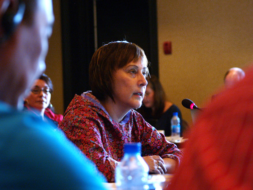Violet Ford, the outgoing vice president of Inuit Circumpolar Council Canada, speaks to ICC delegates during a meeting in Iqaluit June 25. Ford was forced to cast a tie-breaking vote reelecting president Duane Smith, then learned she lost to Kirt Ejesiak for the vice president's job moments later. (PHOTO BY CHRIS WINDEYER)