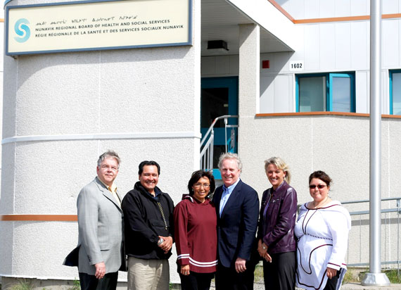 From left, Quebec minister of native affairs, Pierre Corbeil, Makivik Corp. president Pita Aatami, Kativik Regional Government chair Maggie Emudluk, Quebec premier Jean Charest, Quebec minister delegate for social services, Lise Thériault and the chair of the Nunavik health board, Alasie Arngak. (PHOTO COURTESY NRBHSS)