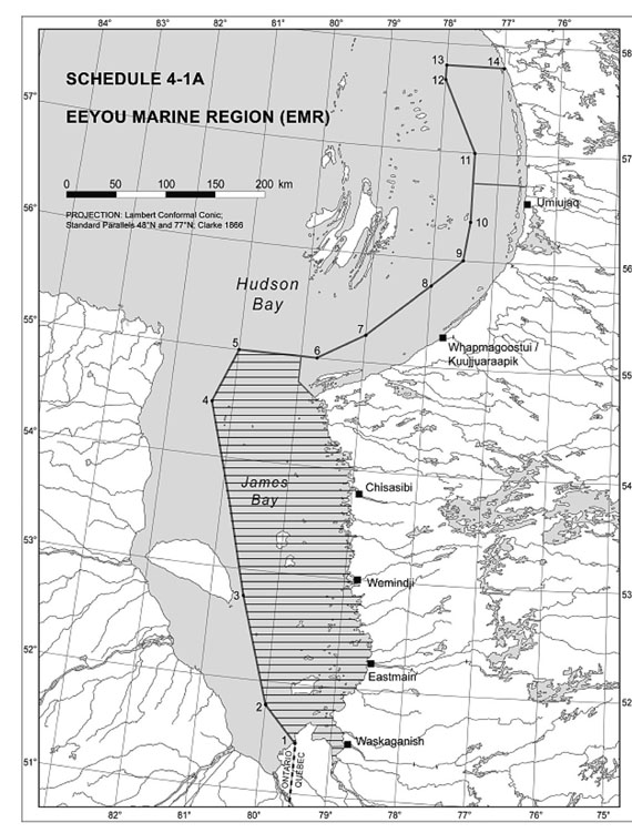 This map shows the Nunavut islands covered by the Eeyou Marine Region Land Claims Agreement. Though they lie within the boundaries of the Nunavut territory, they do not lie within the boundaries of the Nunavut land claims settlement area.