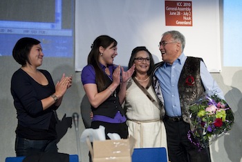 As Aqqaluk Lynge, the newly-acclaimed president of the Inuit finished speaking, he thanked his family, who joined him on stage. (PHOTO BY LEIFF JOSEFSEN, SERMITSIAQ)