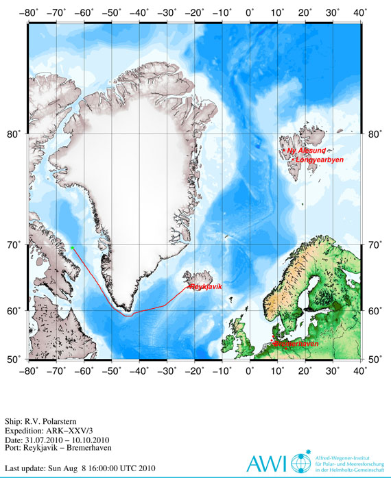 This map shows the position that the RV Polarstern reached by the early afternoon of Aug. 8, just before Justice Sue Cooper issued a temporary injunction that blocks Natural Resources Canada from using the vessel to conduct seismic testing until after the issue is settled in a trial. (ILLUSTRATION HARVESTED FROM WEBSITE OF ALFRED WEGENER INSTITUTE)
