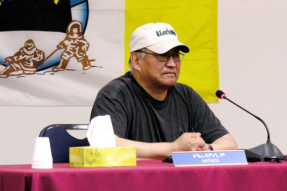 Saila Kipanek of Iqaluit tells his story to the Qikiqtani Truth Commission at a hearing held in June, 2008. “I was surprised by the degree of emotion that Inuit were expressing and how the recounting of memories, either because they were speaking out of personal experience or speaking on behalf of a family member, how vivid these memories were,” retired judge James Igloliorte said. (FILE PHOTO)