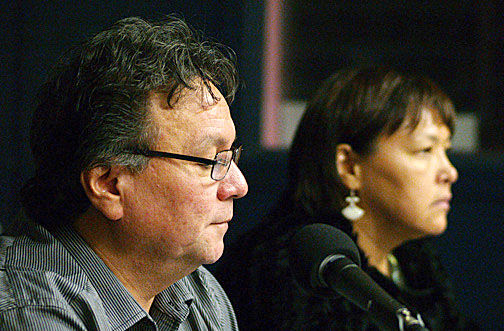 Peter Taptuna, Nunavut's economic development minister, and Okalik Eegeesiak, president of the Qikiqtani Inuit Association, speak to a news conference announcing the launch of a public engagement process for Nunavut's anti-poverty strategy. The strategy is expected within a year. (PHOTO BY CHRIS WINDEYER)