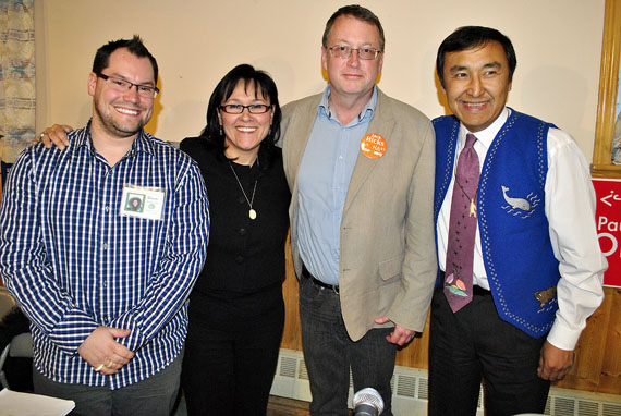 The four people contesting the Nunavut riding in the May 2 federal election: Scott MacCallum (Green); Leona Aglukkaq (Conservative); Jack Hicks (NDP): and Paul Okalik (Liberal) (PHOTO BY JIM BELL)