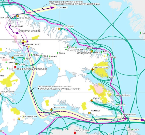 This map from the draft Environmental Impact Statement for the Mary River iron mine shows how shipping routes around Baffin Island may look in the future when the mine starts operations. 