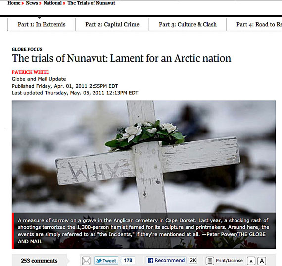Tagak Curley, the Nunavut health minister, said May 31 that he's not happy with the portrayal of Nunavut contained in a huge multimedia package the Globe and Mail produced this past April 1. “I get angry when I read the national newspaper that tries to portray Nunavut as hopeless, that there's not hope, the leaders have their face under the snow and they're not willing to admit it,