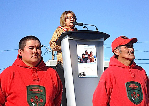 Speaking June 28 in Inuvik at the Truth and Reconciliation Commission gathering there, Inuit Tapiriit Kanatami president Mary Simon calls for more mental health services for former residential school students and their families. From left to right: Terrence Kelly, a Ranger from Ft. Good Hope, Simon, Gordon Kelly, also from Ft. Good Hope. (PHOTO COURTESY OF ITK)
