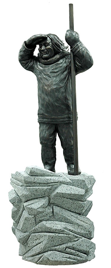 This bronze and granite monument will be unveiled in Inukjuak Sept. 30. Designed by Siasi Smiler, the monument is of an Inukjuak man sailing away on the C.D Howe, watching his community until it disappears. (PHOTO COURTESY OF MAKIVIK CORP.)