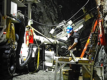 A worker prepares to drill in the underground mine shaft at the Doris North mine. (PHOTO BY JANE GEORGE)