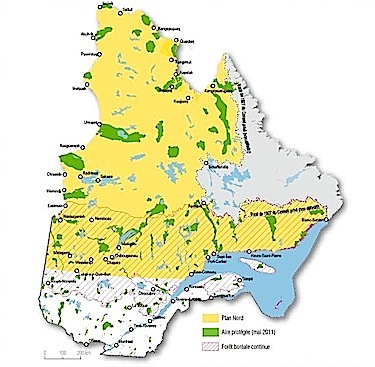 This Plan Nord map shows the entire area of northern Quebec in yellow, with the proposed protected areas shown in green.