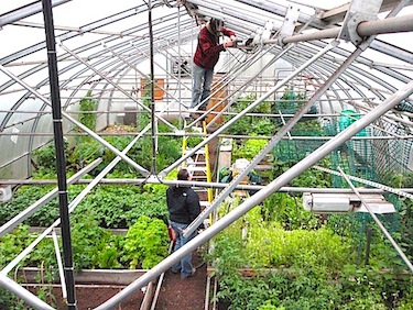 Kuujjuaq has a community greenhouse, shown here last summer when it was undergoing some roof repairs. Last week Quebec announced $800,000 for greenhouse development in northern Quebec, but that money won't end up in Nunavik, where it wouldn't be covering the construction cost of even a single new greenhouse. The money is likely to go to the so called 