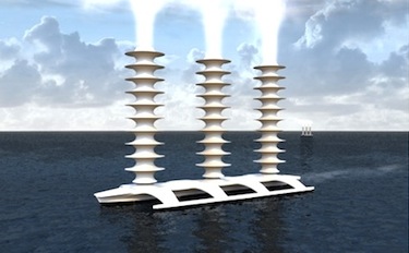 An artist’s impression of the spray vessel, whose underwater turbines generate the energy for spraying. Now, the plan would be to have similar turbines operating on land-based facilities at either side of the Arctic. (IMAGE BY JOHN MACNIELL)