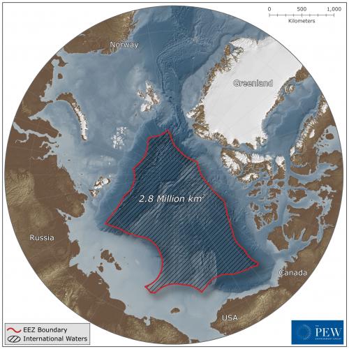 Almost all commercial fishing in Canadian Arctic waters right now takes place outside the international zone cited in a letter signed by more than 2,000 scientists. But environmentalists fear that receding ice cover will make the unregulated area more accessible to industrial fishing interests. (IMAGE FROM PEW GROUP)