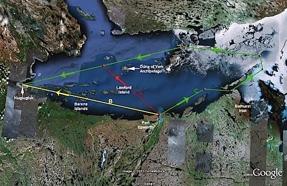 This map taken from the Transportation Safety Board report into the August 2010 grounding of the Clipper Adventurer shows (A) the route chosen by the Clipper Adventurer, (B) the second route option and (C) the track they had previously taken.