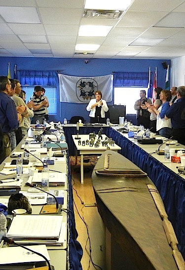 The outgoing president of Inuit Tapiriit Kanatami, Mary Simon, who delivered an emotional farewell at the ITK annual general meeting, gets a standing ovation from those present. (PHOTO BY JANE GEORGE)