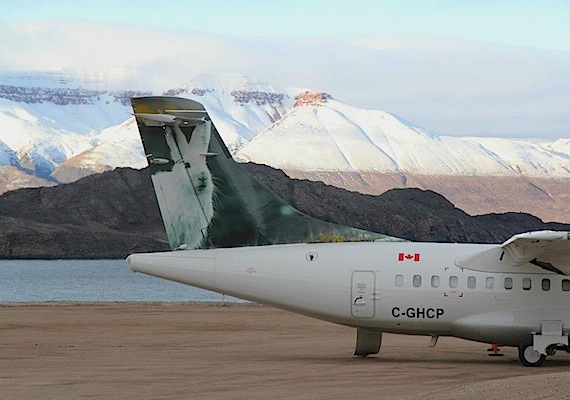 A reproduction of a photo of an Arctic hare taken by Clare Kines of Arctic Bay now decorates the tail fin of a First Air ATR-42 turboprop passenger aircraft, which landed this week in Arctic Bay. (PHOTO BY NIORE IKALUKJUAK)