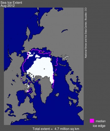 Arctic sea ice extent for August 2012 was 4.72 million sq. km.The magenta line shows the 1979 to 2000 median extent for that month. The black cross indicates the geographic North Pole. (IMAGE COURTESY OF THE NSIDC)