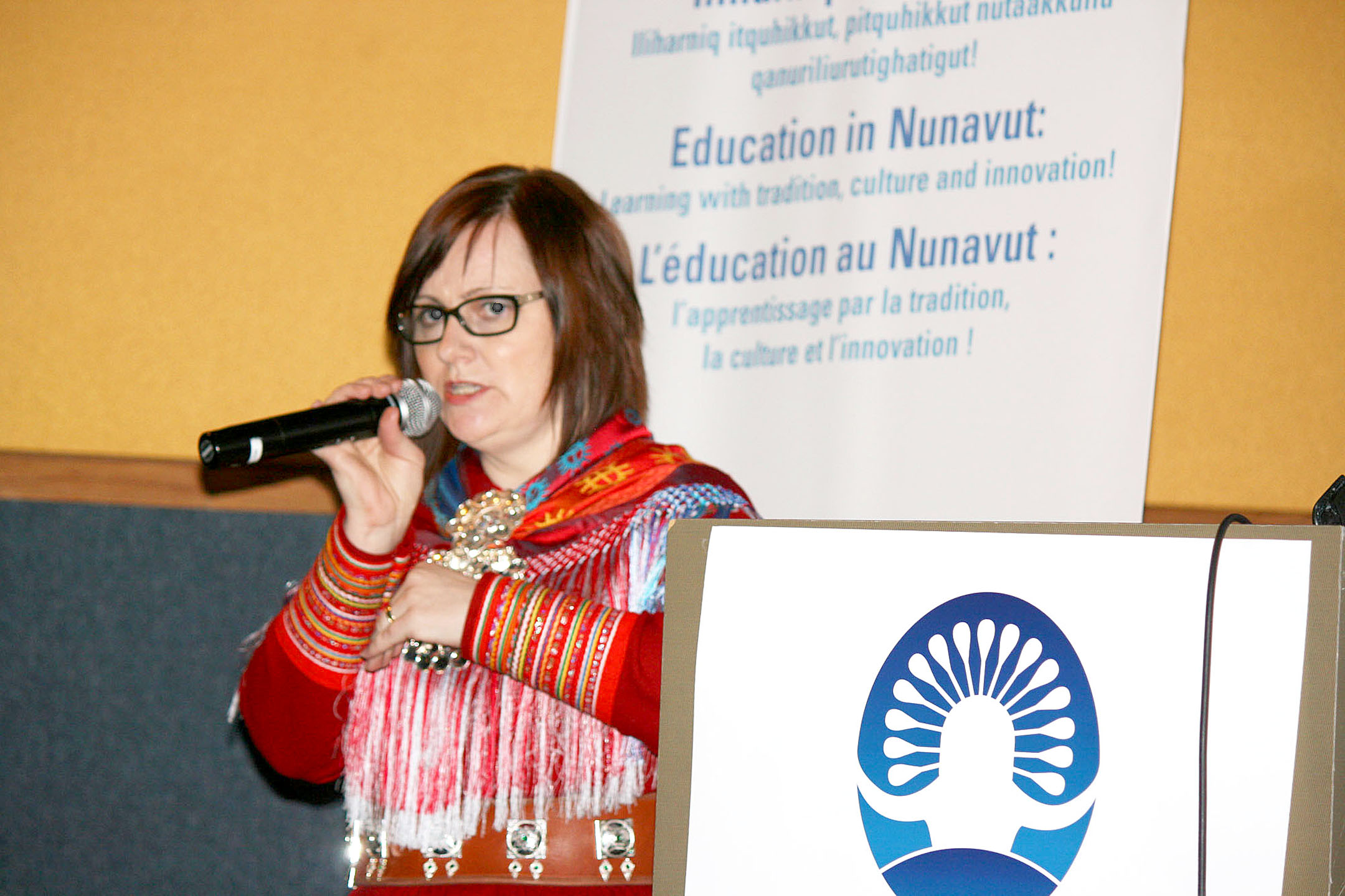 Laila Aleksandersen Nutti, an assistant professor of education at the Saami University College in northern Norway, talks about the importance of yoik — traditional Saami songs — in early childhood education Nov. 29 at the Circumpolar Conference on Education for Indigenous People at the Frobisher Inn in Iqaluit. 