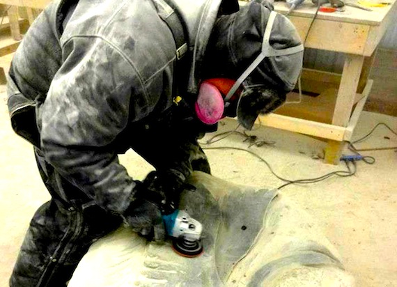 A piece of stone begins to take shape as Jerry Ell works on it during a stone carving symposium organized by the Nunavut Arts and Crafts Association in Arviat. During the symposium, which started Nov. 24, carvers from the Kivalliq region are learning to carve in granite. Some like Salomonie Pootoogook have been carving for 20 years. But it’s his first time carving in granite, and he says he feels like a beginner because the stone is so different and much harder to shape. Read more about the symposium later on Nunatsiaqonline.ca (PHOTO COURTESY OF P.ARPIN) 