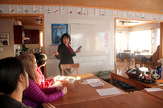 Instructor Myna Ishuluktak teaches a small group of students in Pirurvik’s new Inuktitut instructor program. (PHOTO BY SAMANTHA DAWSON) 