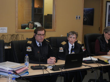 Kativik Regional Police Force chief Aileen MacKinnon, at right, with her new deputy chief of administration, Pierre Bettez, speaks Feb. 26 to the Kativik Regional Government council meeting in Kuujjuaq. (PHOTO BY JANE GEORGE)