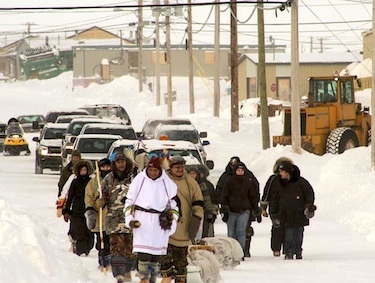 Here, in January, the Nishiyuu Walkers leave the community of Whapmagoostui and Kuujjuaraapik to head on their 1,600 journey to Ottawa. They will all back in Kuujjuaraapik for the weekend. (PHOTO COURTESY OF NISHIYUU)