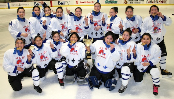 The Nunavik Nordiks show off their gold medals, won at a tournament held last weekend in Ontario. (PHOTO COURTESY OF SARAH AIRO)
