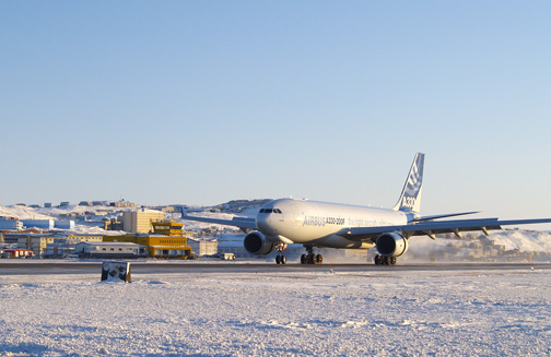 An Airbus prototype cargo jet touches down at Iqaluit's airport in January, 2010. (FILE PHOTO)