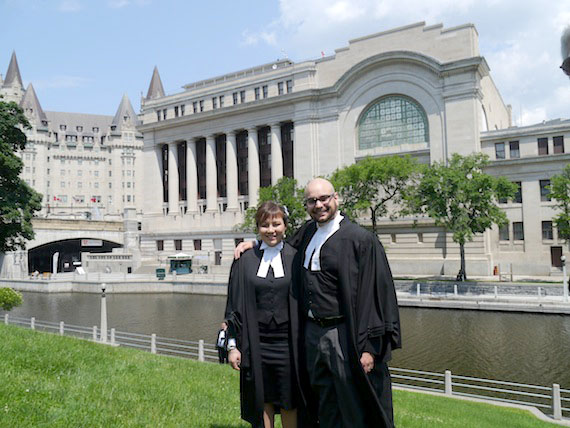Congratulations to two new Inuit lawyers called to the bar: Marie Belleau of Iqaluit, a graduate of Université Laval and University of Ottawa law schools, and Joseph Flowers of Kuujjuaq, a graduate of McGill University law school, were called to the bar (Law Society of Upper Canada) at the National Arts Centre in Ottawa June 18. Belleau and Flowers, Nunavik's first Inuk lawyer, plan to transfer their bar memberships to Nunavut. (PHOTO BY ALLISON FLOWERS)