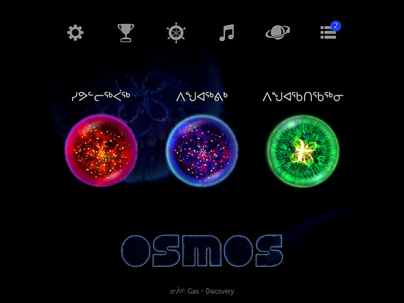 The main menu of the Inuit language version of Osmos, developed by Pinnguaq of Pangnirtung in cooperation with Hemisphere Games. (IMAGE COURTESY OF PINNGUAQ)