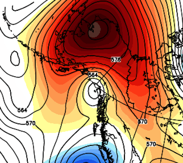 In this map from WeatherBell.com the red shades show an unusually strong ridge of high pressure at high altitudes, which promotes sinking air and hot weather, which extends into western Nunavut.