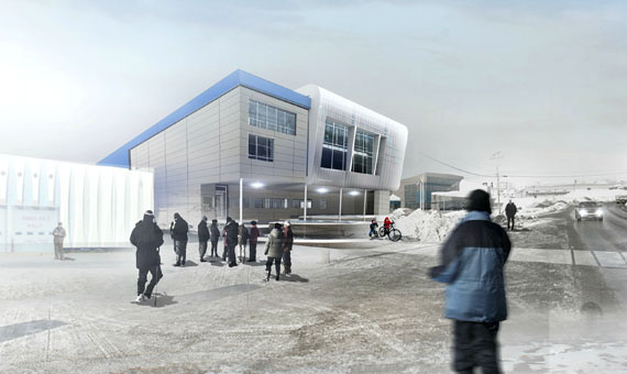 Iqaluit's new three-storey aquatics centre would stand much higher than the current arena-firehouse building and fill most of the lot that lies across the street from the Nunavut courthouse building. (IMAGE COURTESY OF STANTEC)