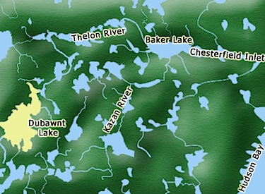This map shows the location of Dubawnt Lake, 250 km southwest of the community of Baker Lake. (IMAGE COURTESY OF THE UNIVERSITY OF GUELPH)